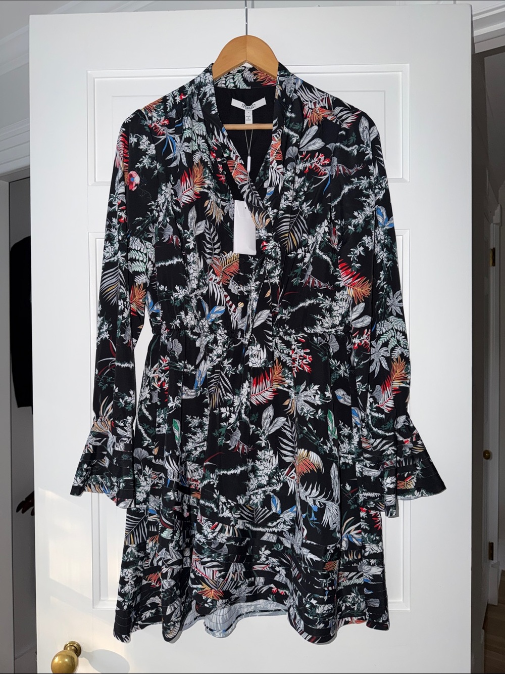 Derek Lam Black Long-Sleeve Tie-Neck Dress with Multicolor Botanical Print